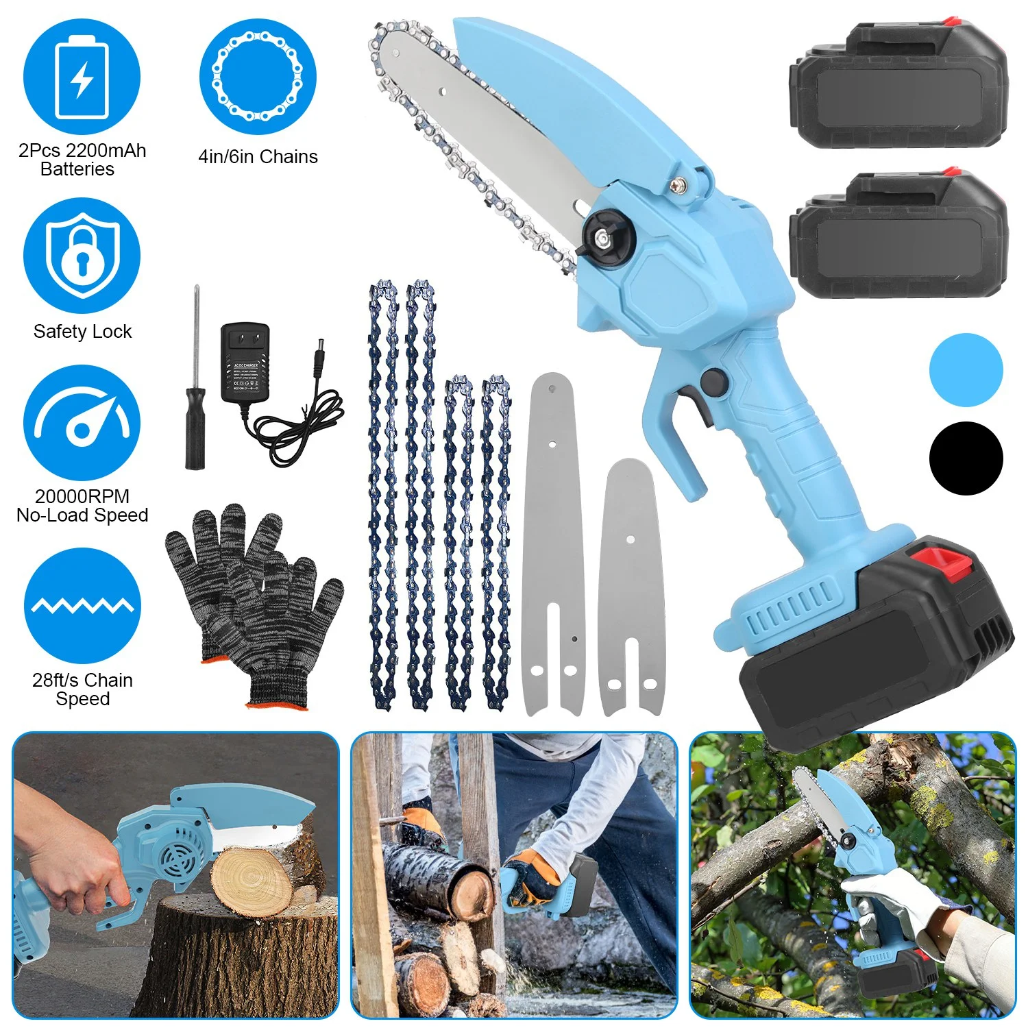 Cordless 4" & 6" Mini Chainsaw with 2x 2200mAh Batteries – Light, Powerful, 80‑Minute Cut