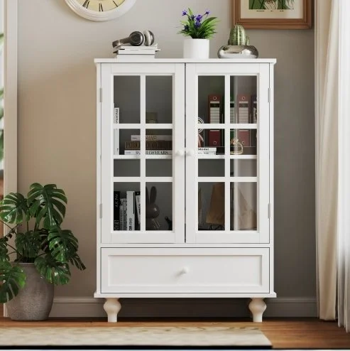 Minimalist White Buffet Cabinet with Double Glass Doors and Drawer, Modern Wooden Storage Sideboard Cupboard for Living Room, Dining Room Hallway Entryway