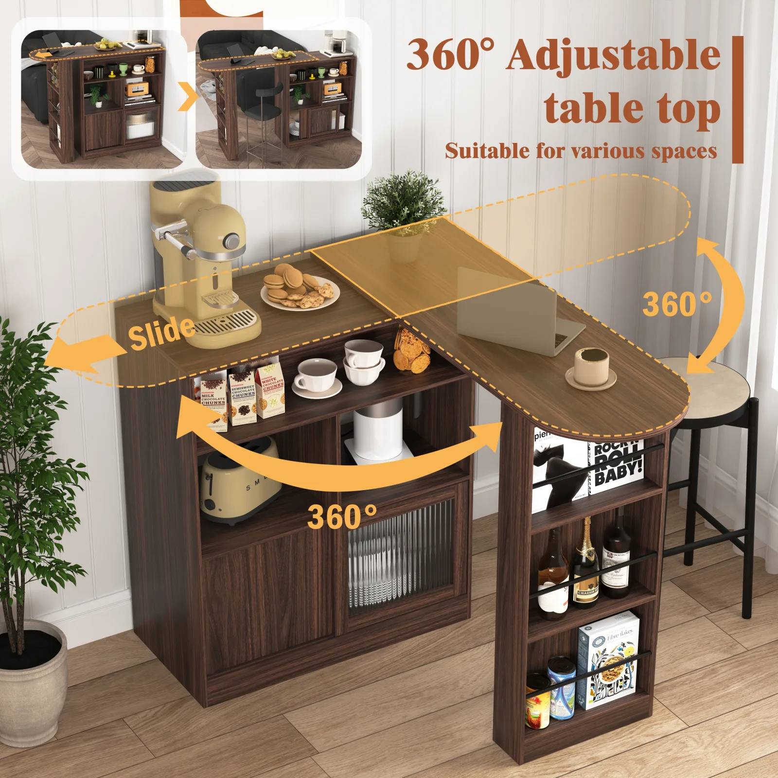 Modern Bar Cabinet with Rotating Top, Counter Height Dining Cabinet with 6 Storage Space and 2 Ribbed Glass Door for Kitchen, the Rotating Top with 3 Storage Shelves Dining Room, Living Room, Walnut