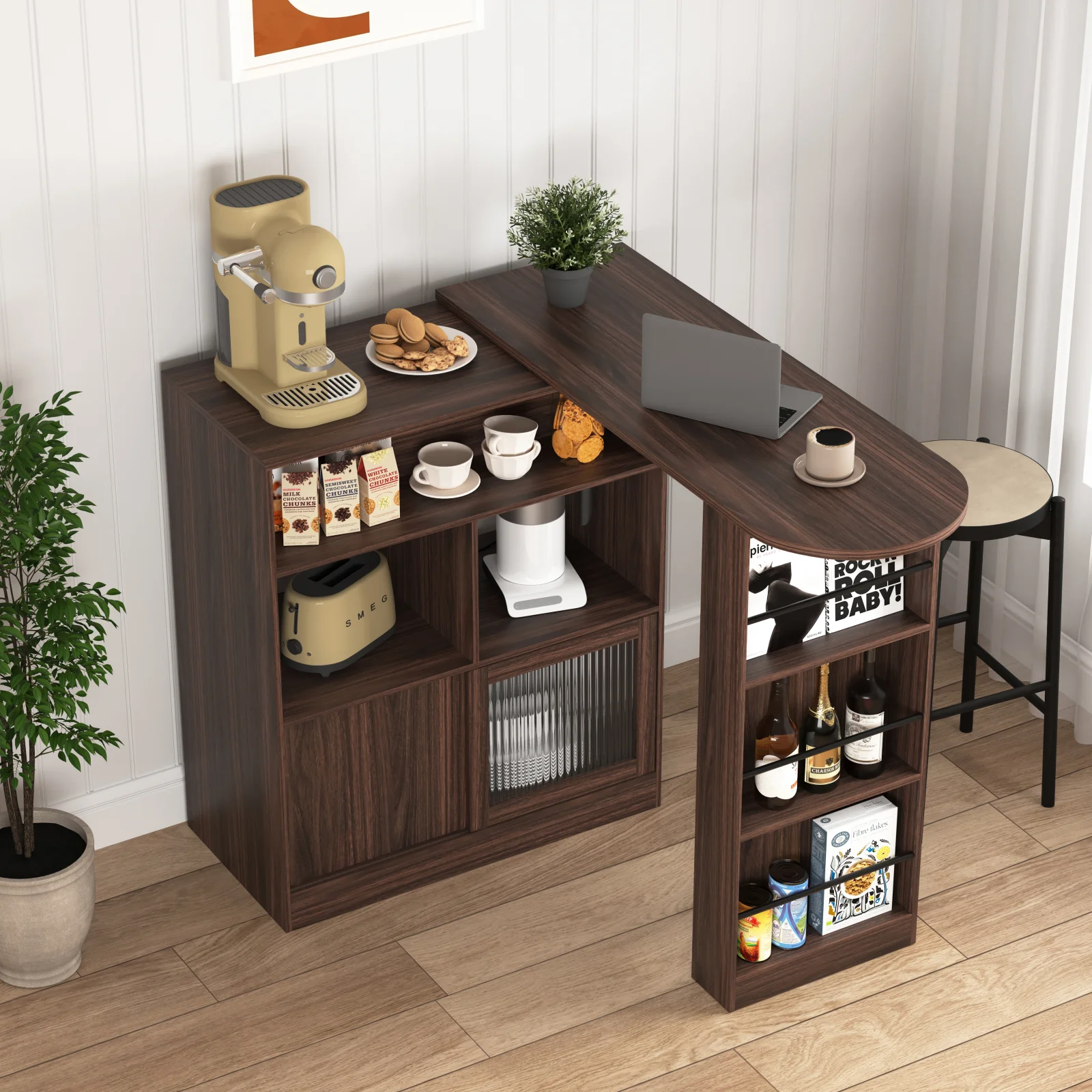 Modern Bar Cabinet with Rotating Top, Counter Height Dining Cabinet with 6 Storage Space and 2 Ribbed Glass Door for Kitchen, the Rotating Top with 3 Storage Shelves Dining Room, Living Room, Walnut