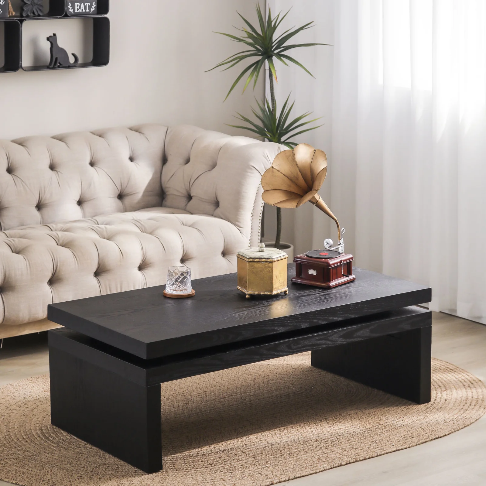 Modern Black Wood Coffee Table Sleek Floating Top Design for Living Room 47.6 Lx23.6 W X16.3 H