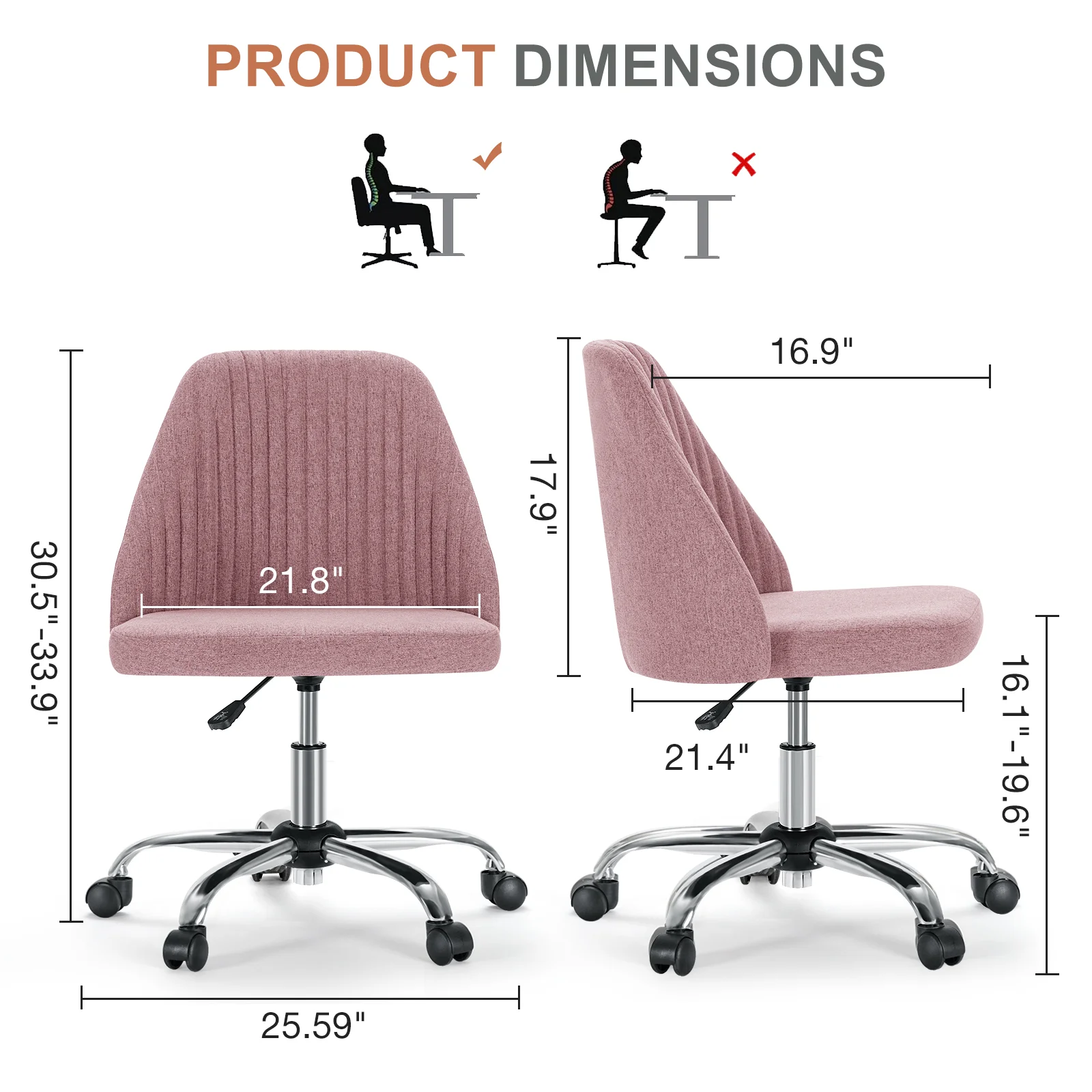 Modern Fabric Armless Adjustable Swivel Office Desk Chairs with Wheels