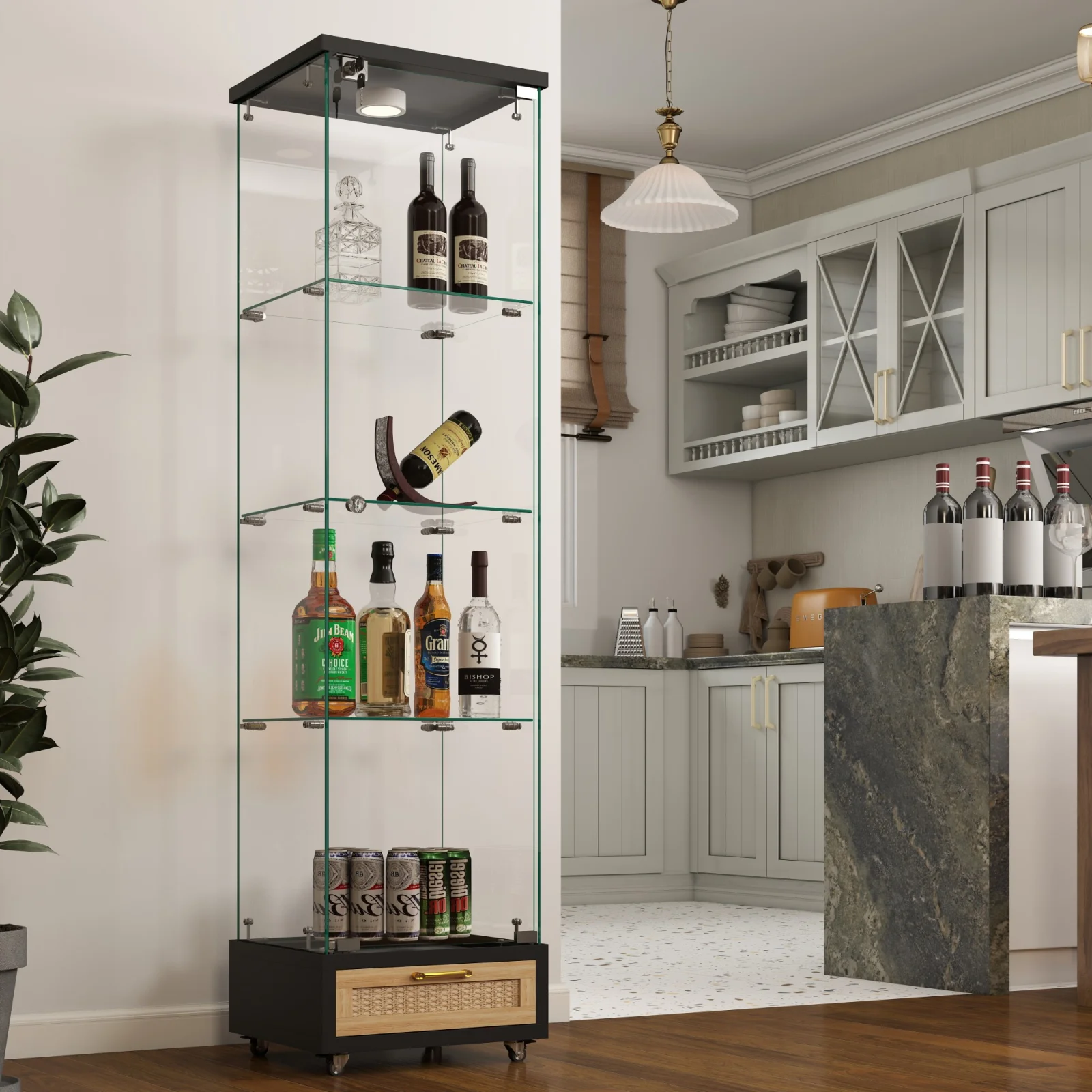 Modern Glass Display Cabinet with Drawer , Quick-assembly Antique Cabinet with Led Lights, Tempered Glass Bookshelf, 1-door Storage Case with 4 Shelves for Living Room and Bedroom, Black and Natural