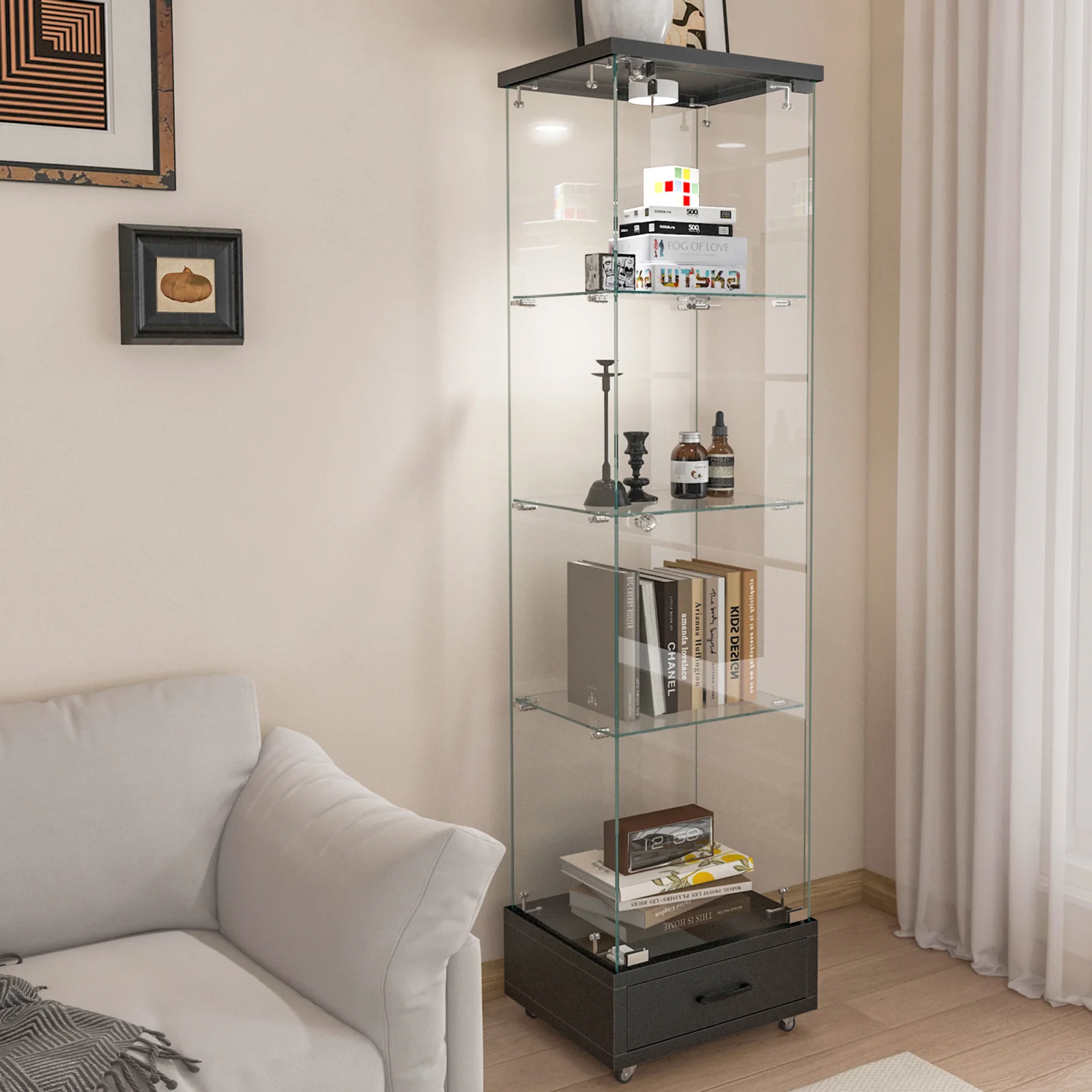 Modern Glass Display Cabinet with Drawer , Quick-assembly Antique Cabinet with Led Lights, Tempered Glass Bookshelf, 1-door Storage Case with 4 Shelves for Living Room and Bedroom, Black