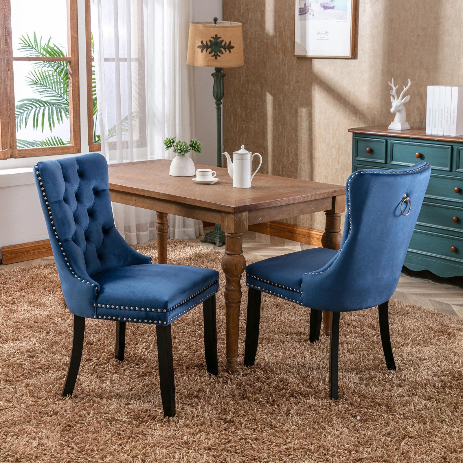 Modern High-end Tufted Solid Wood Contemporary Velvet Cushioned Dining Chair, 2-piece Set with Wooden Leg Nail Head Trim, Blue