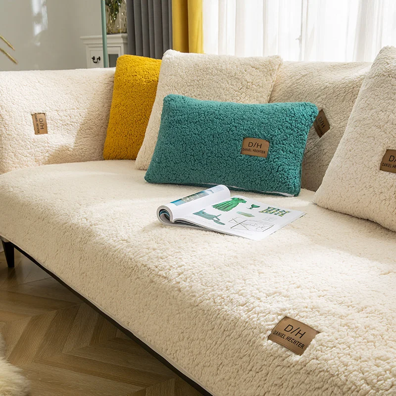 Modern Solid Color Winter Lamb Wool Sofa Towel Thicken Plush Soft and Smooth Sofa Covers for Living Room Anti-slip Couch Cover
