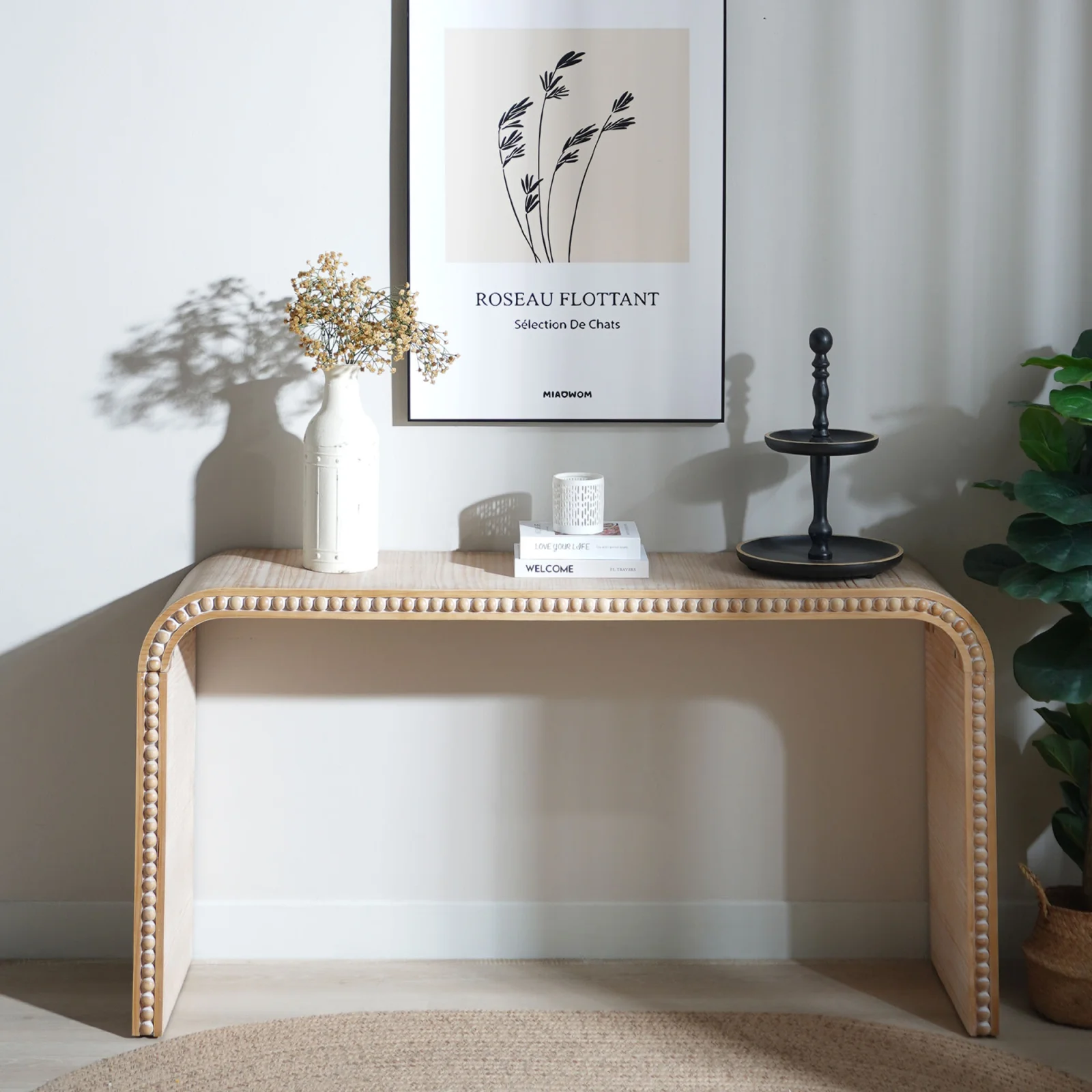 Natural Wood Console Table, 59in Entryway Table, Curved Waterfall-style Table,console Table with Wood Beads,entrance Table for Entryway, Hallway, Living Room, Foyer, Corridor, Office