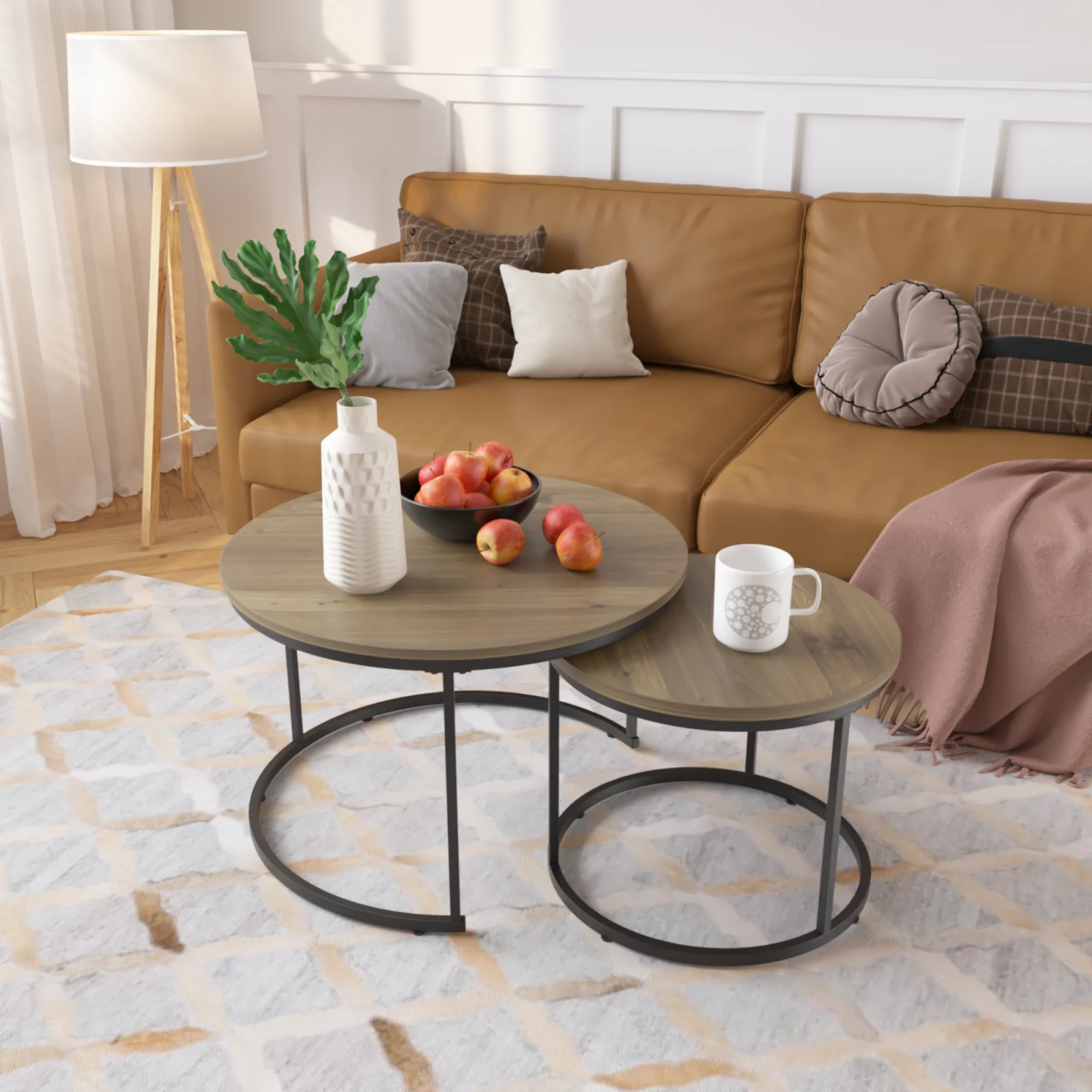 Nesting Coffee Table Set of 2, 27.6inch Round Coffee Table Industrial Wood Finish with Sturdy Metal Frame, End Table Side Tables for Living Room Bedroom Balcony Yard Brown