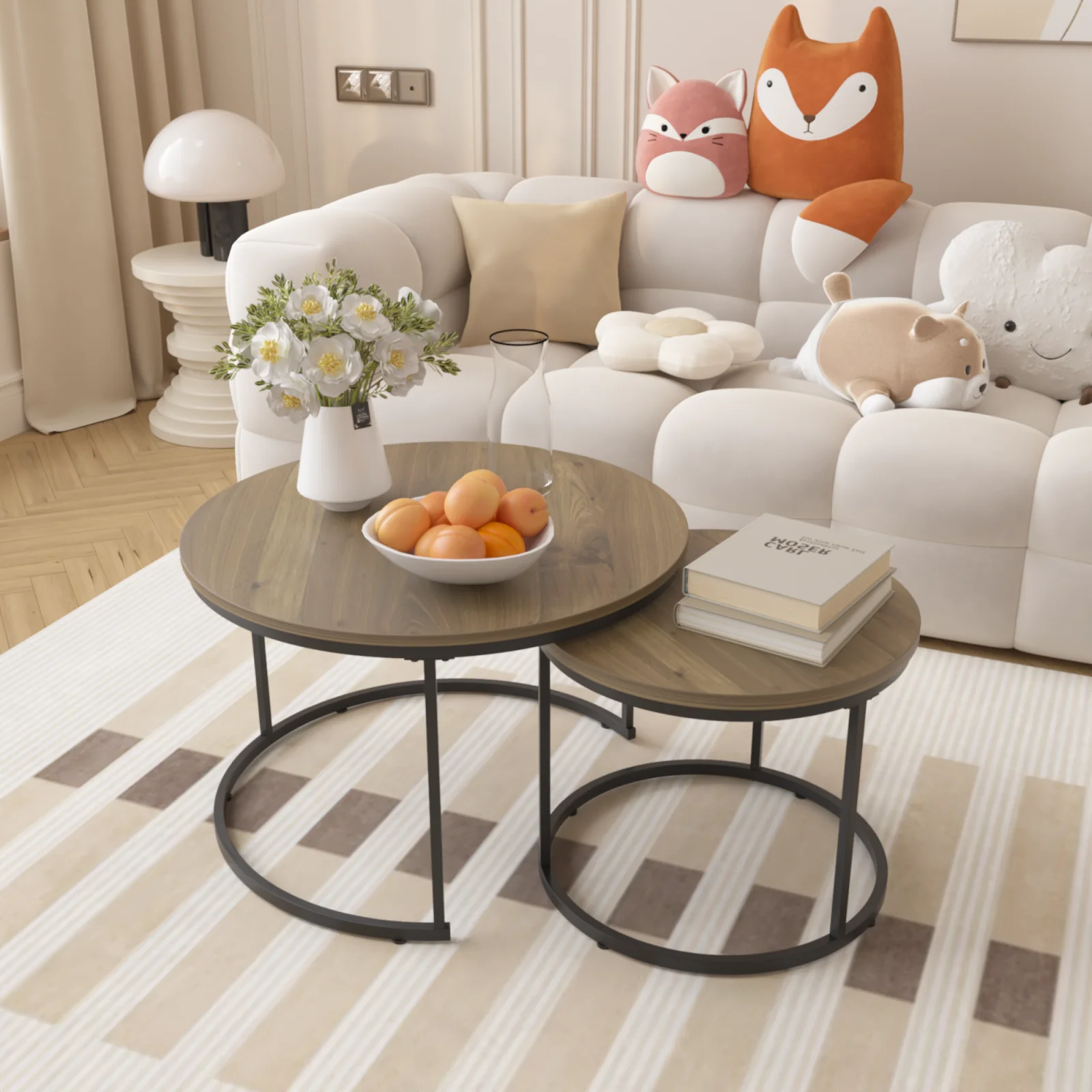 Nesting Coffee Table Set of 2, 27.6inch Round Coffee Table Industrial Wood Finish with Sturdy Metal Frame, End Table Side Tables for Living Room Bedroom Balcony Yard Brown