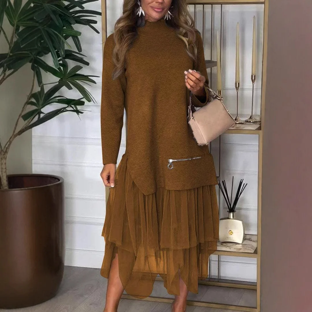 New Autumn and Winter Women's Casual Mesh Stitching Dress