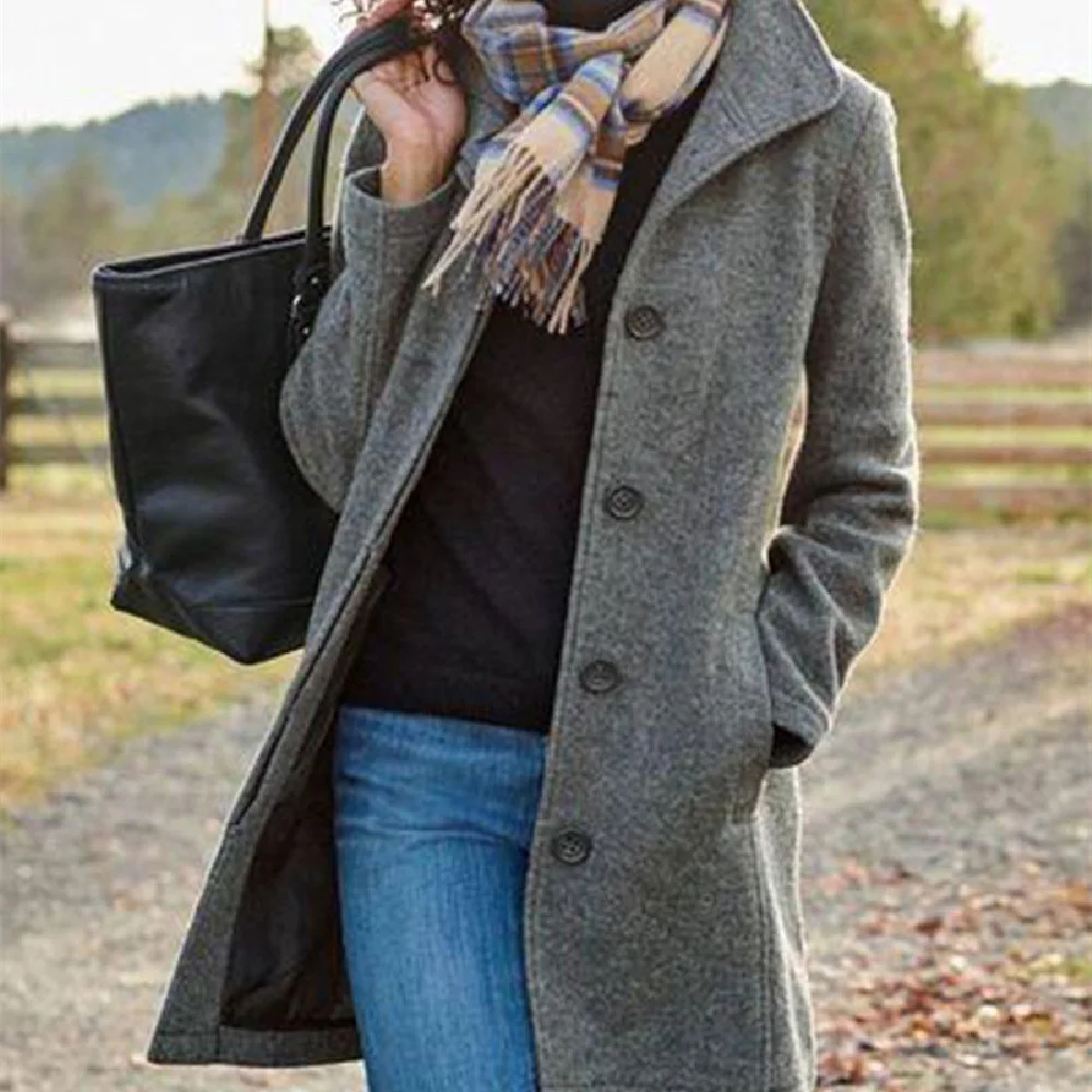 New European and American Women's Medium Length Pure Color Woolen Coat