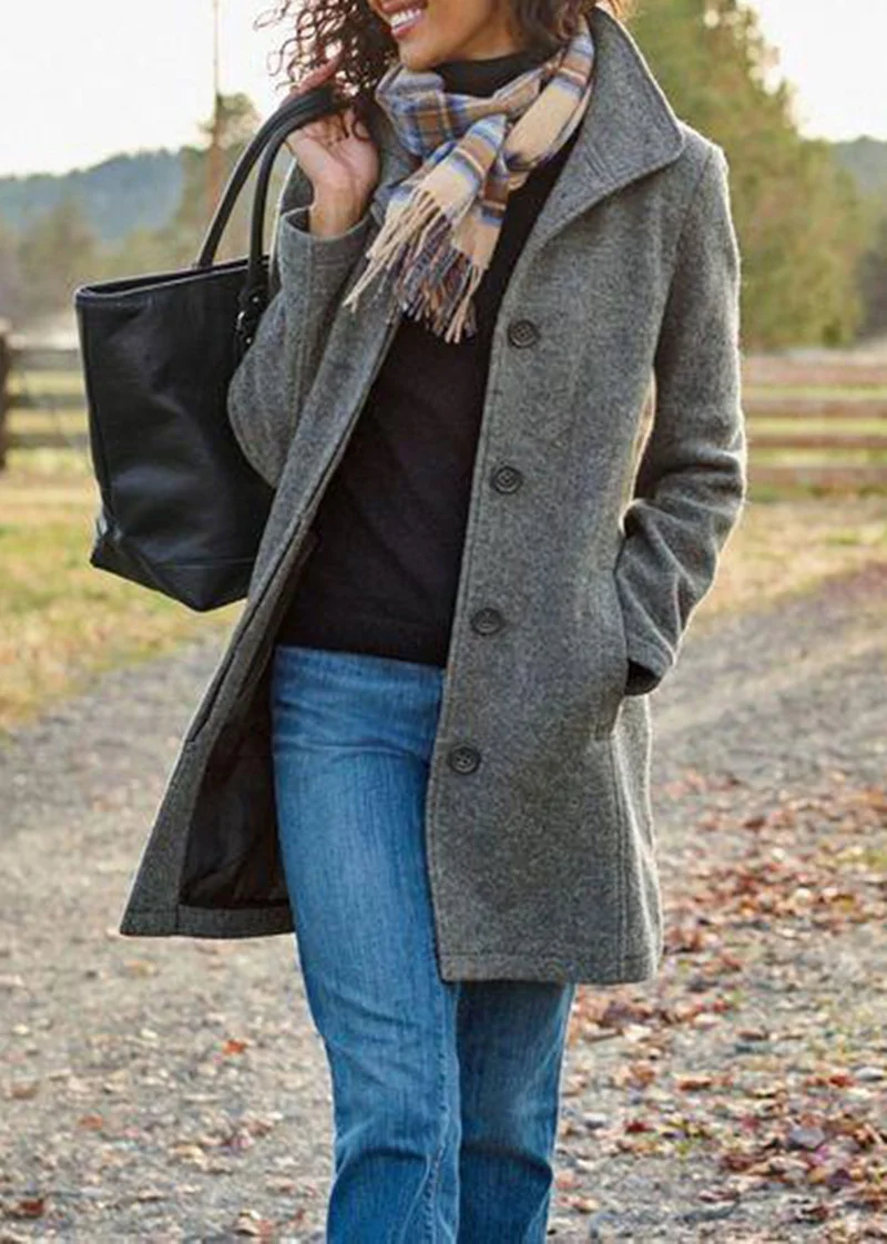 New European and American Women's Medium Length Pure Color Woolen Coat