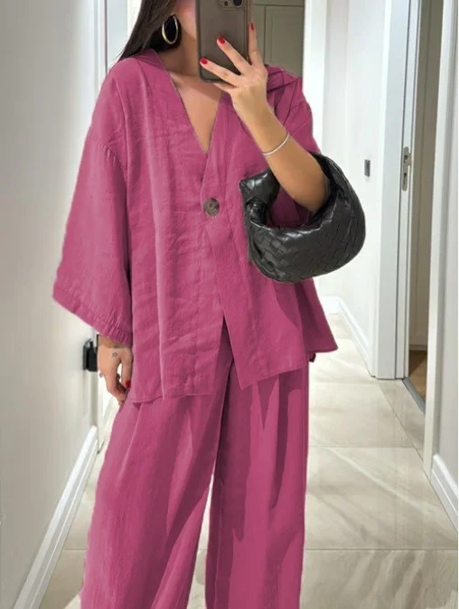 New Fashion Loose-fitting Women's V-neck Top and Wide Leg Pants Casual Suit