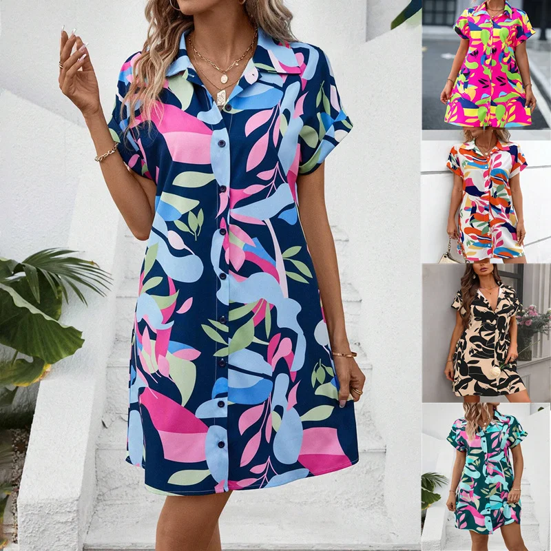 New Floral Print Short Sleeve Shirt Dress Summer Fashion Lapel Loose A-line Dresses for Womens Clothing