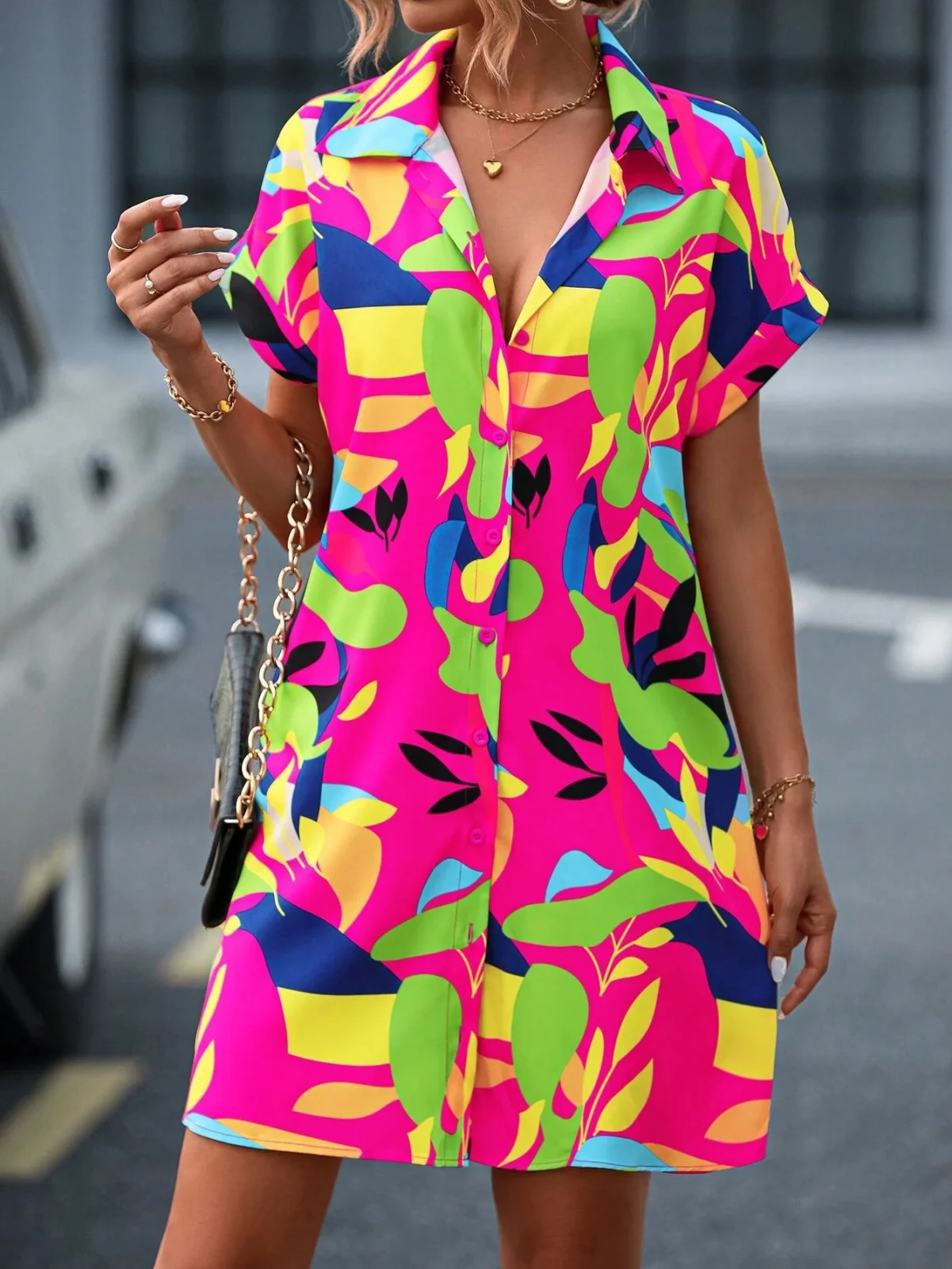 New Floral Print Short Sleeve Shirt Dress Summer Fashion Lapel Loose A-line Dresses for Womens Clothing