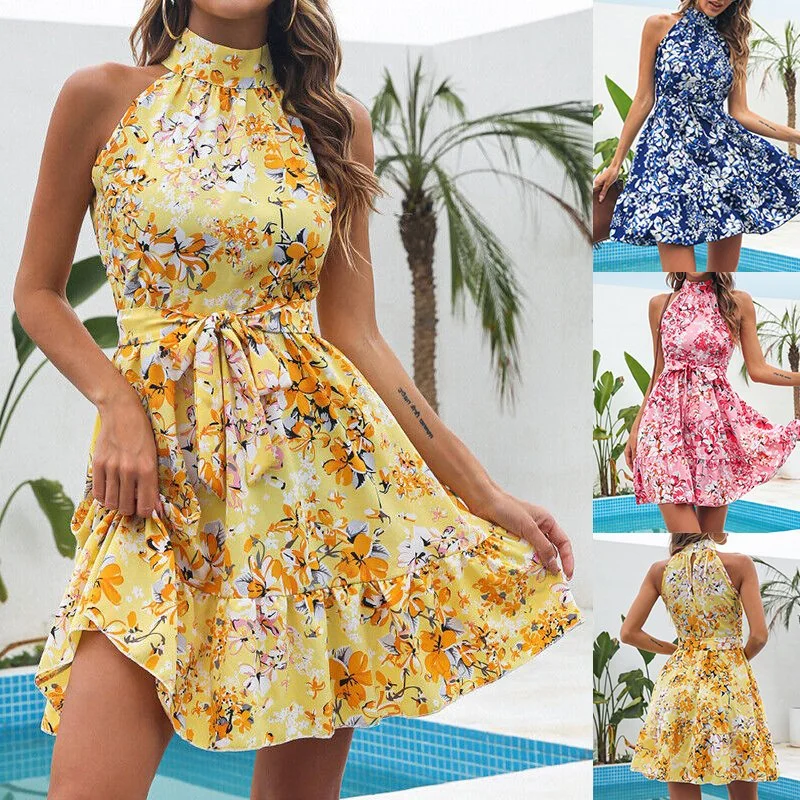 New Flowers Print Halterneck Dress Summer Fashion Temperament Lace-up Ruffled Dresses for Women