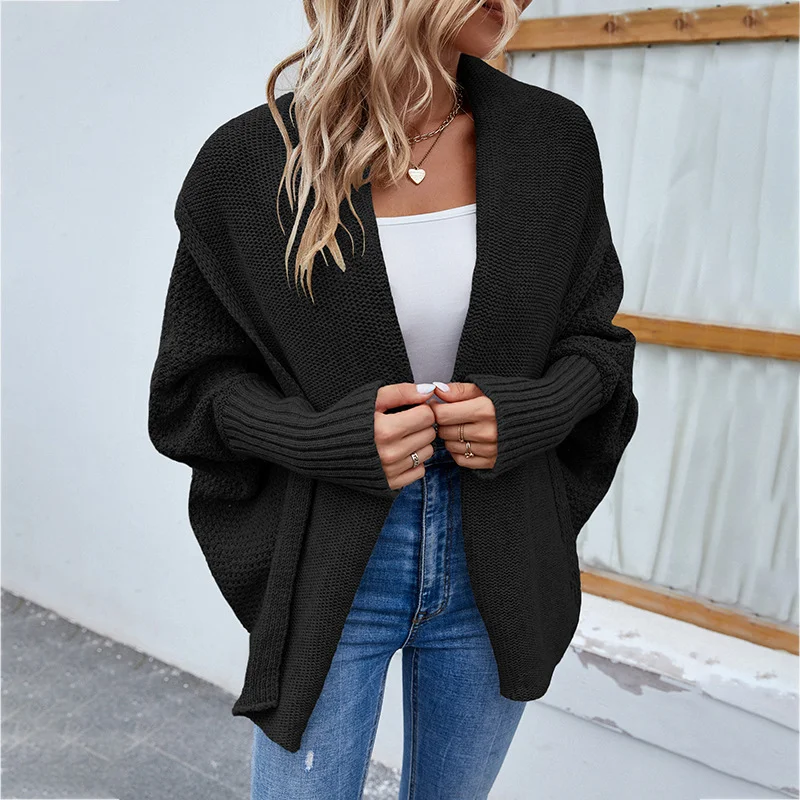 New Loose Knitted Sweater Solid Color Bat Sleeve Large Lapel Cardigan Autumn and Winter Fashion Jacket for Women Clothing