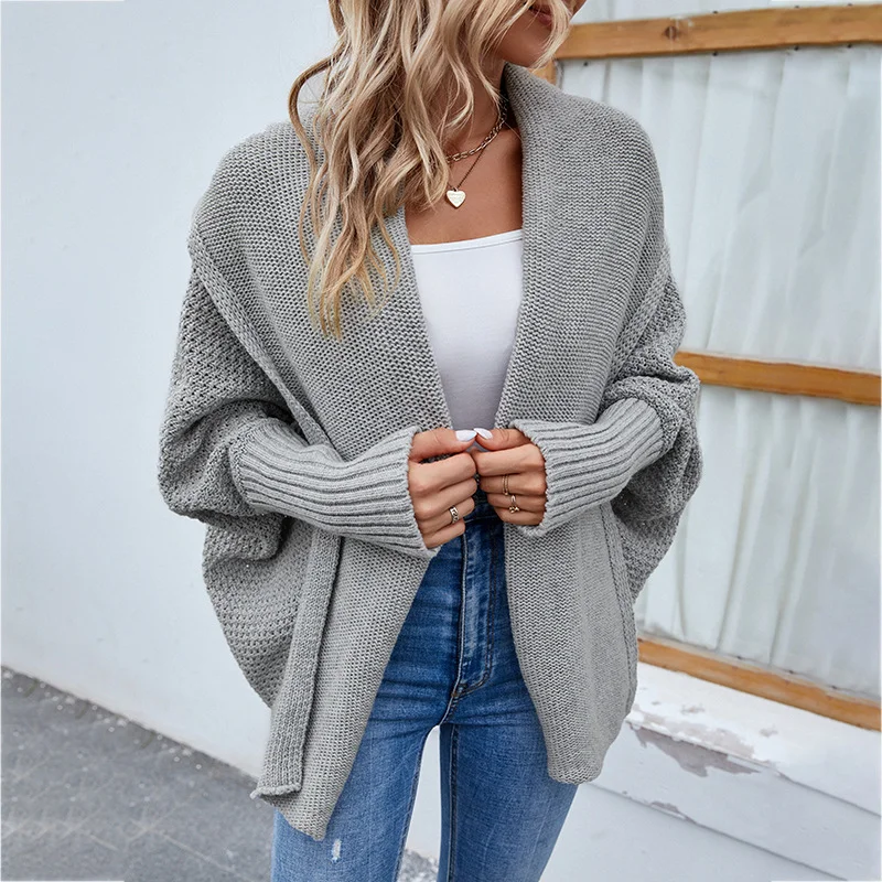 New Loose Knitted Sweater Solid Color Bat Sleeve Large Lapel Cardigan Autumn and Winter Fashion Jacket for Women Clothing