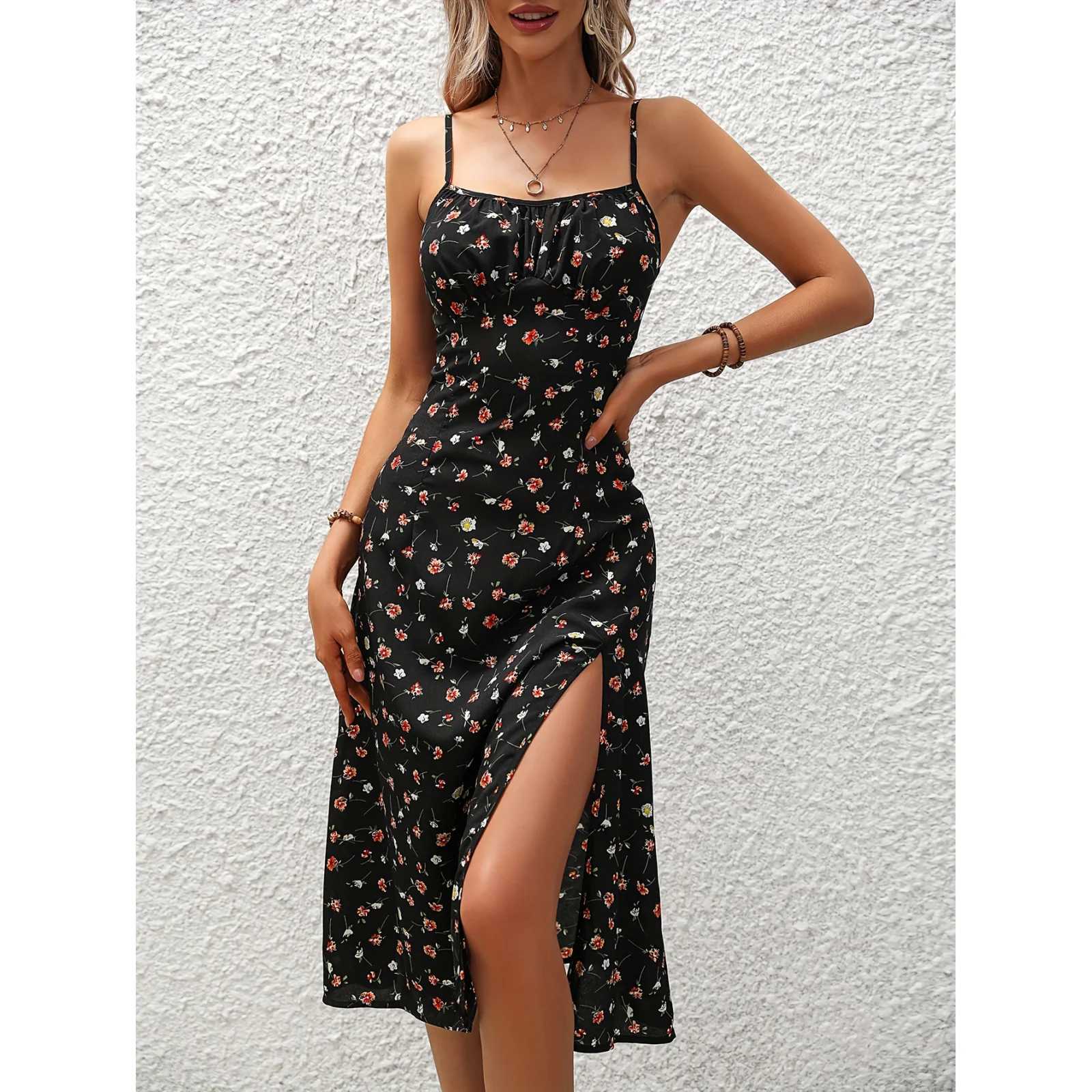 New Polka Dot Print Suspender Dress Summer Sexy Split Long Dresses for Womens Clothing