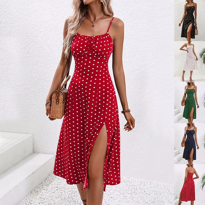 New Polka Dot Print Suspender Dress Summer Sexy Split Long Dresses for Womens Clothing