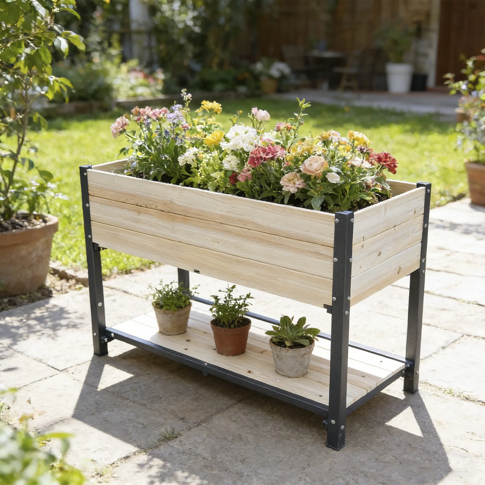New Style Solid Wood & Iron Frame Raised Garden Bed - Reversible & Replaceable Wood Panels, No Paint Formaldehyde, Diy Planter Box for Vegetables, Fruits, Flowers