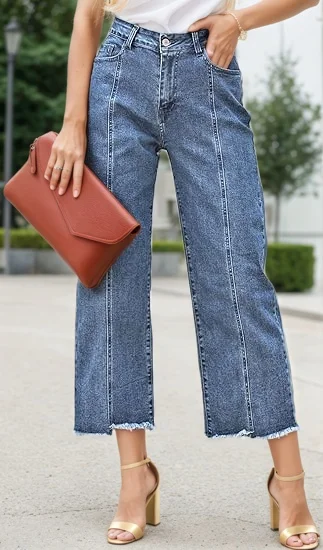 New Women’s Fashionable Casual Plus Size Jeans, High Waist Wide Leg 7-inch Straight Leg Jeans, Suitable for Various Clothing, Women’s Plus Size Women’s Clothing