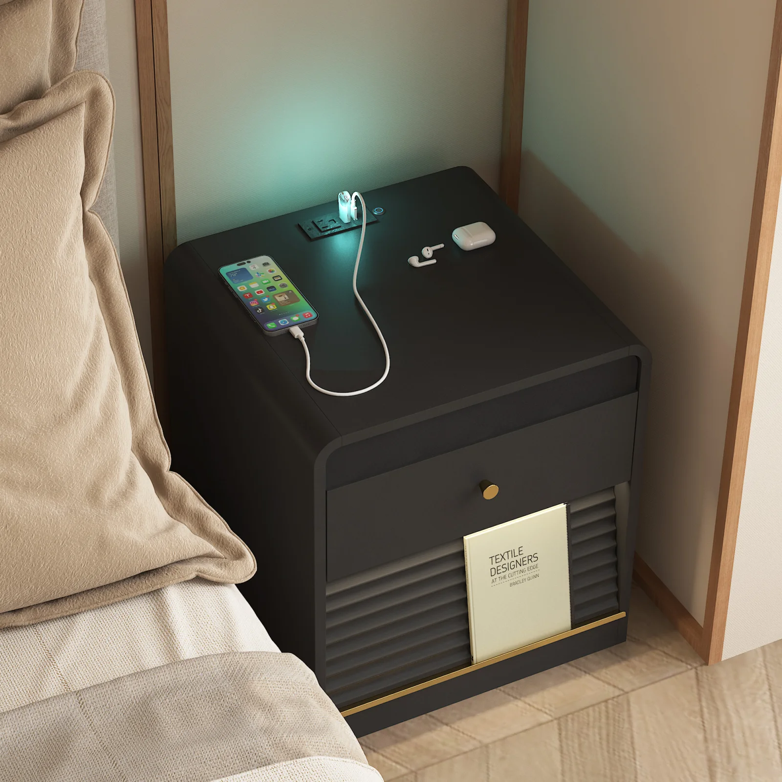 Nightstand with Charging Station, Smart Nightstand with Night Light,with Led Lights,bedside Tables with Storage Cabinet for Bedroom,black