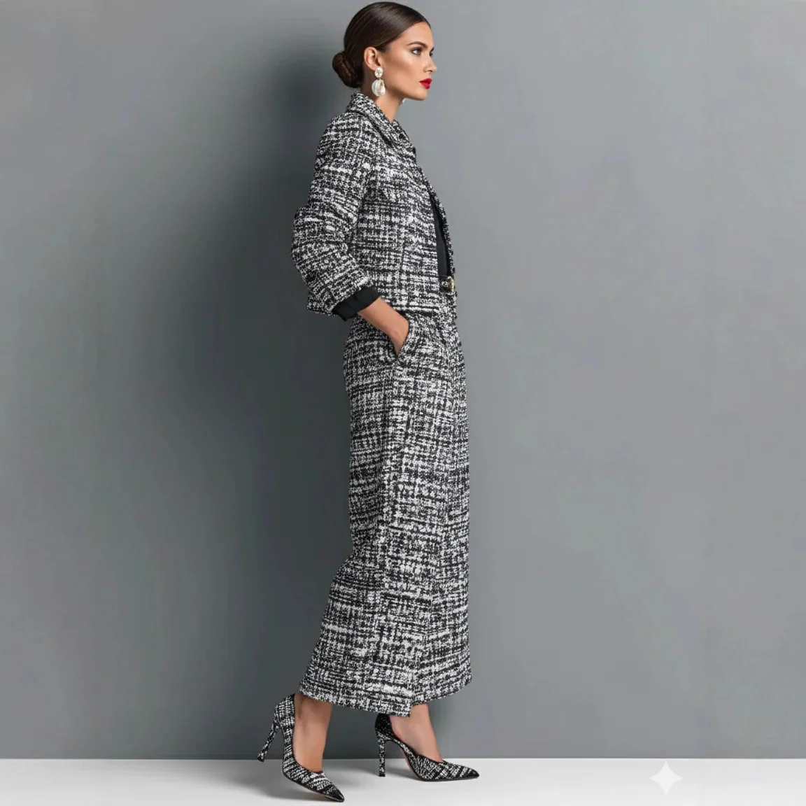 Notched Lapel Slim-fit Women's Long-sleeve Short Top with Wide-leg Pants Set