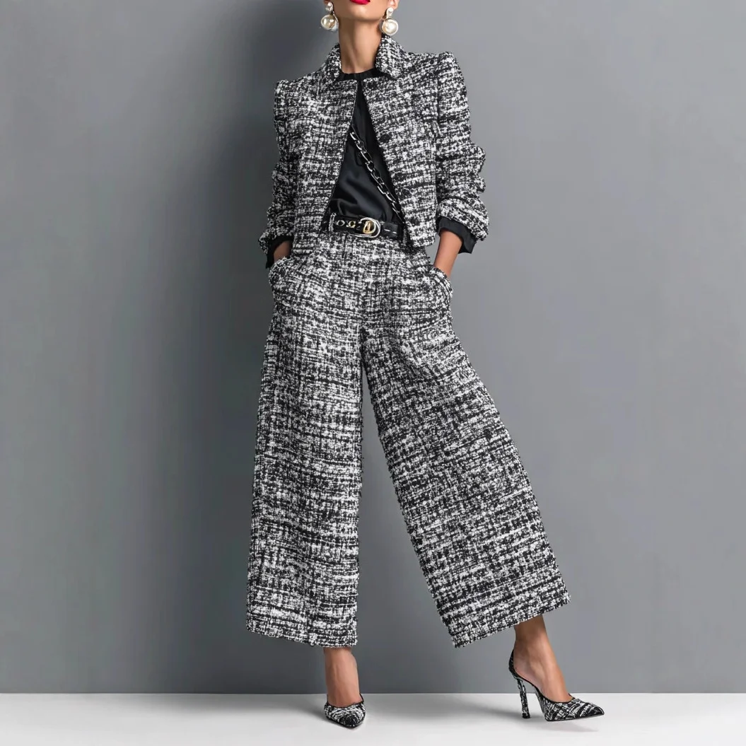 Notched Lapel Slim-fit Women's Long-sleeve Short Top with Wide-leg Pants Set