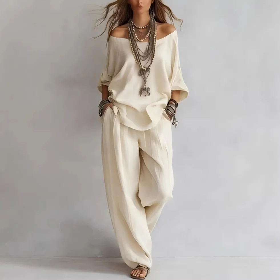 Off-shouder Suits Fashion Three-quarter Sleeves Top and Loose Pockets Wide-leg Pants Set Women's Clothing