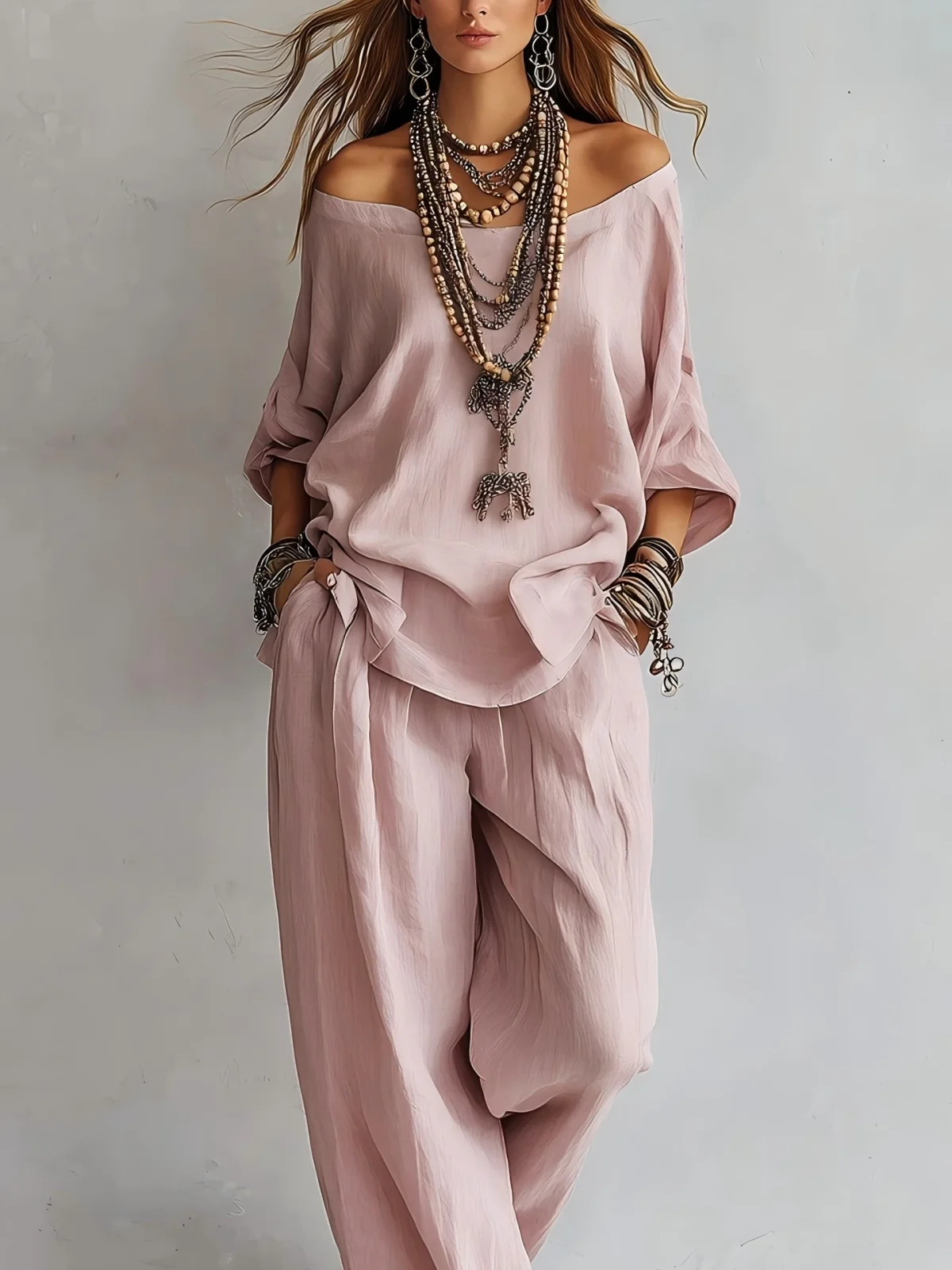 Off-shouder Suits Fashion Three-quarter Sleeves Top and Loose Pockets Wide-leg Pants Set Women's Clothing