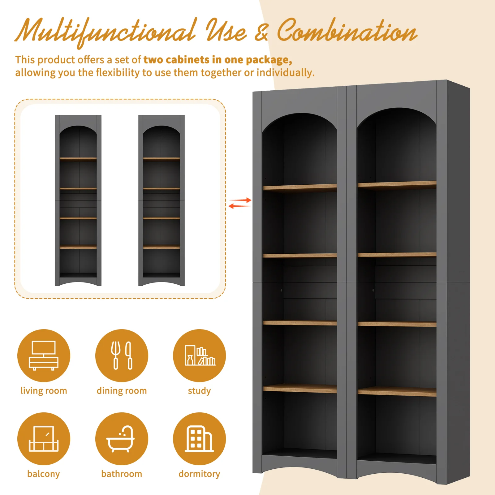 On-trend Free Standing 5 Tier Bookshelves, Bookcases Set of 2, Farmhouse Two-tone Storage Cabinet with Adjustable Shelves, Modern 72h Kitchen Pantry Cabinet for Living Room, Home Office, Grey