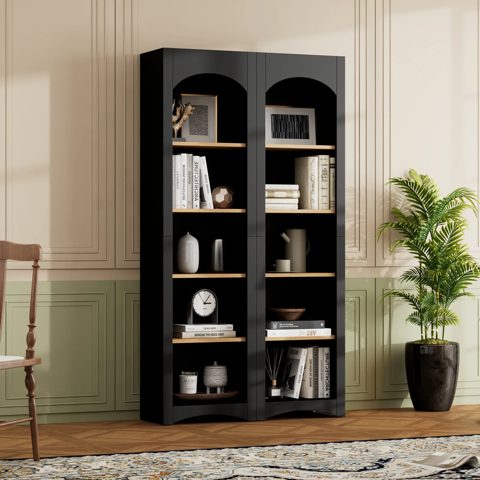 On-trend Free Standing 5 Tier Bookshelves, Bookcases Set of 2, Farmhouse Two-tone Storage Cabinet with Adjustable Shelves, Modern 72h Kitchen Pantry Cabinet for Living Room, Home Office, Black