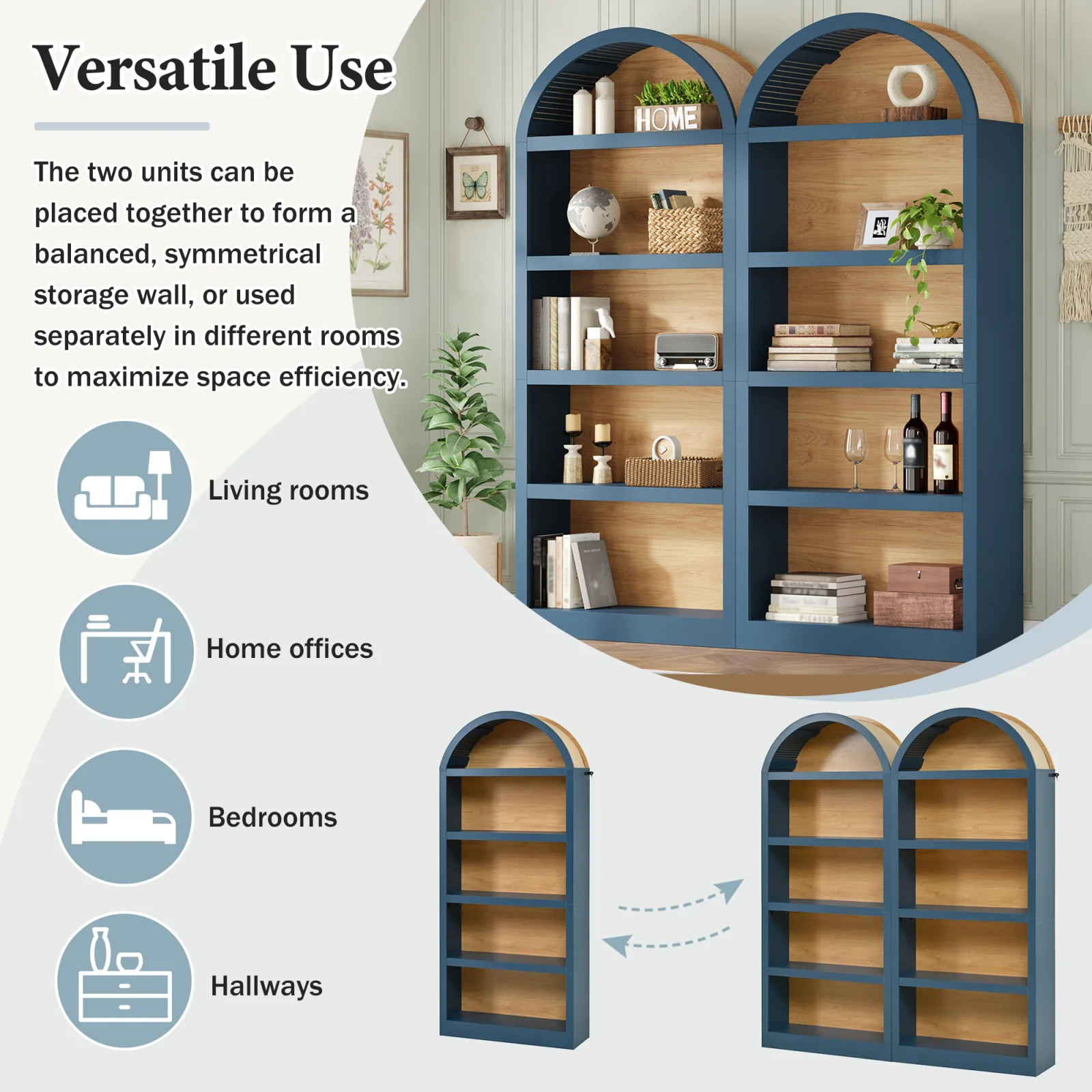 On-trend Freestanding Tall Bookshelves Set of 2, Farmhouse Two-tone Open Storage Cabinet with Fabric Arched Top, 5-tier Display Bookcase for Living Room, Bedroom, Home Office, Blue Natural