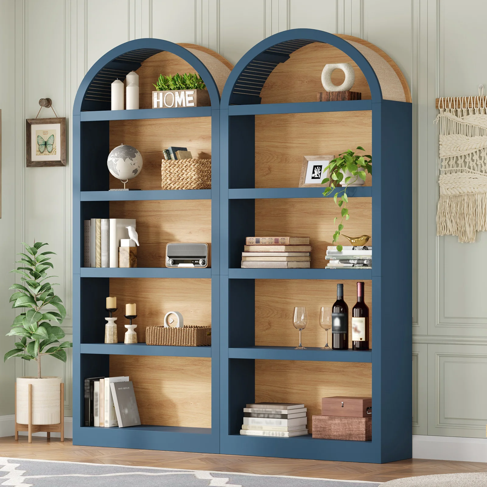 On-trend Freestanding Tall Bookshelves Set of 2, Farmhouse Two-tone Open Storage Cabinet with Fabric Arched Top, 5-tier Display Bookcase for Living Room, Bedroom, Home Office, Blue Natural