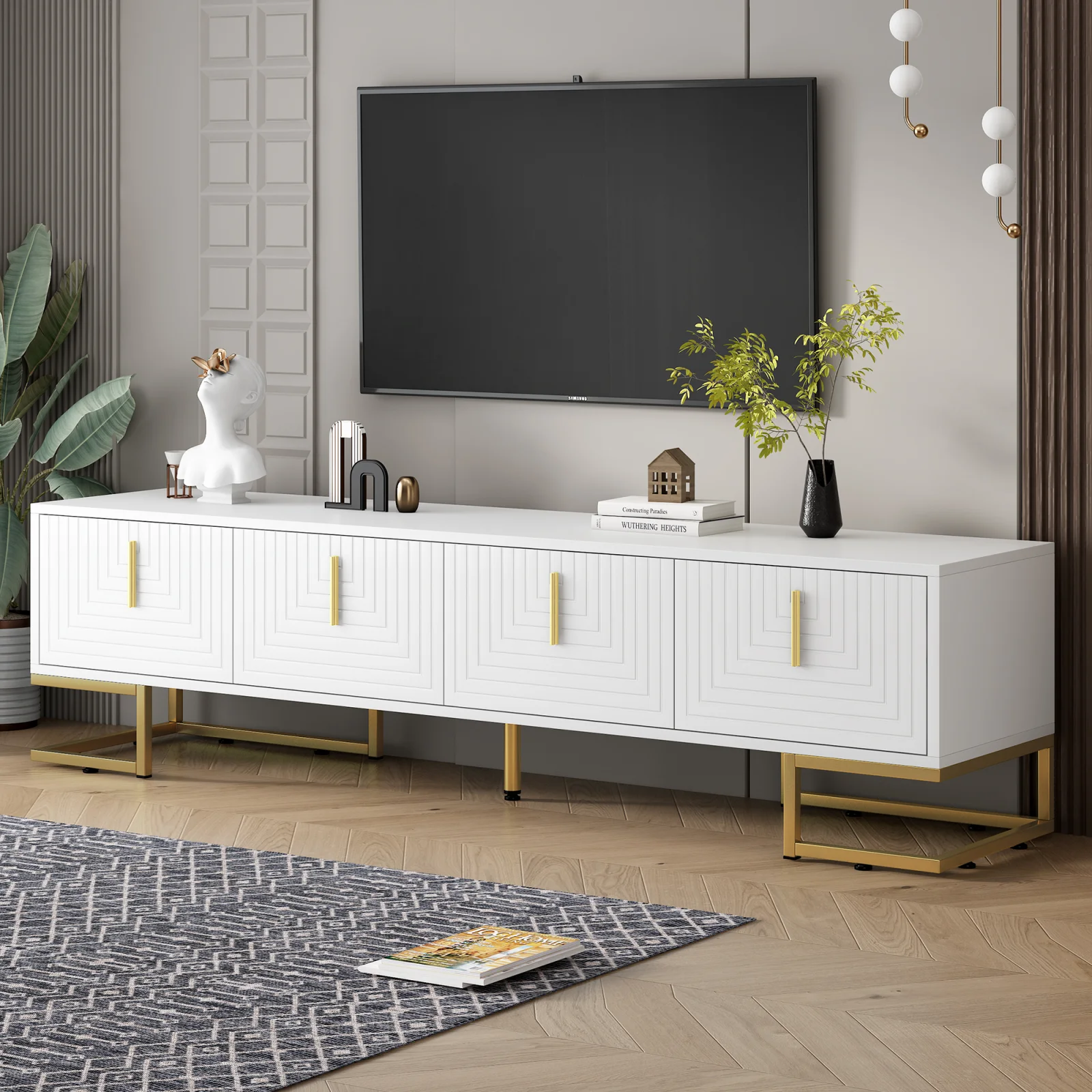 On-trend Modern Tv Stand with Metal Legs and Gold Handles for Tvs Up to 80'', Media Console Table with Cabinets and Adjustable Shelves, Luxury Tv Cabinet with Geometric Lines for Living Room, White