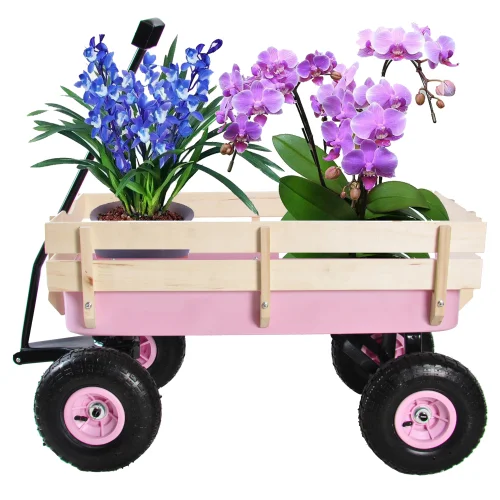 Outdoor All‑Terrain Wood‑Railing Garden Cart with Air Tires – Pink, Blue, or Red