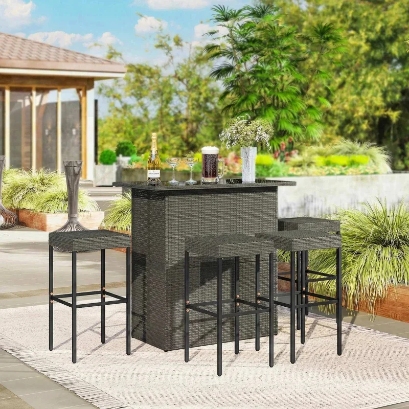 Outsunny 5 Piece Rattan Wicker Bar Set, High Top Outdoor Table and Chairs, Bar Height Patio Set, 2 Shelves & 4 Bar Stools, Graymultiple Packages