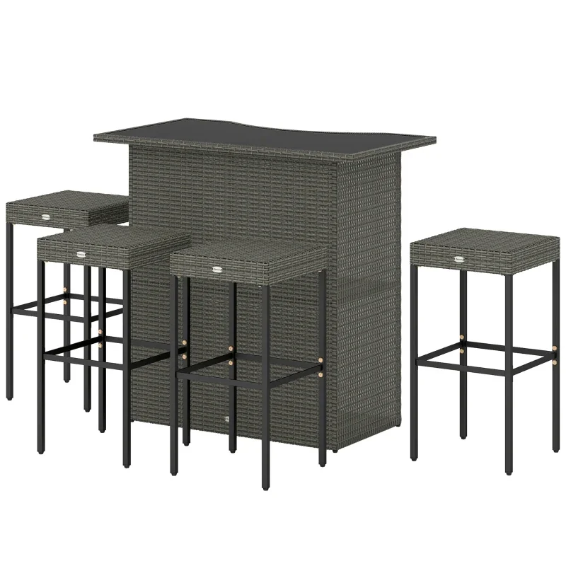 Outsunny 5 Piece Rattan Wicker Bar Set, High Top Outdoor Table and Chairs, Bar Height Patio Set, 2 Shelves & 4 Bar Stools, Graymultiple Packages