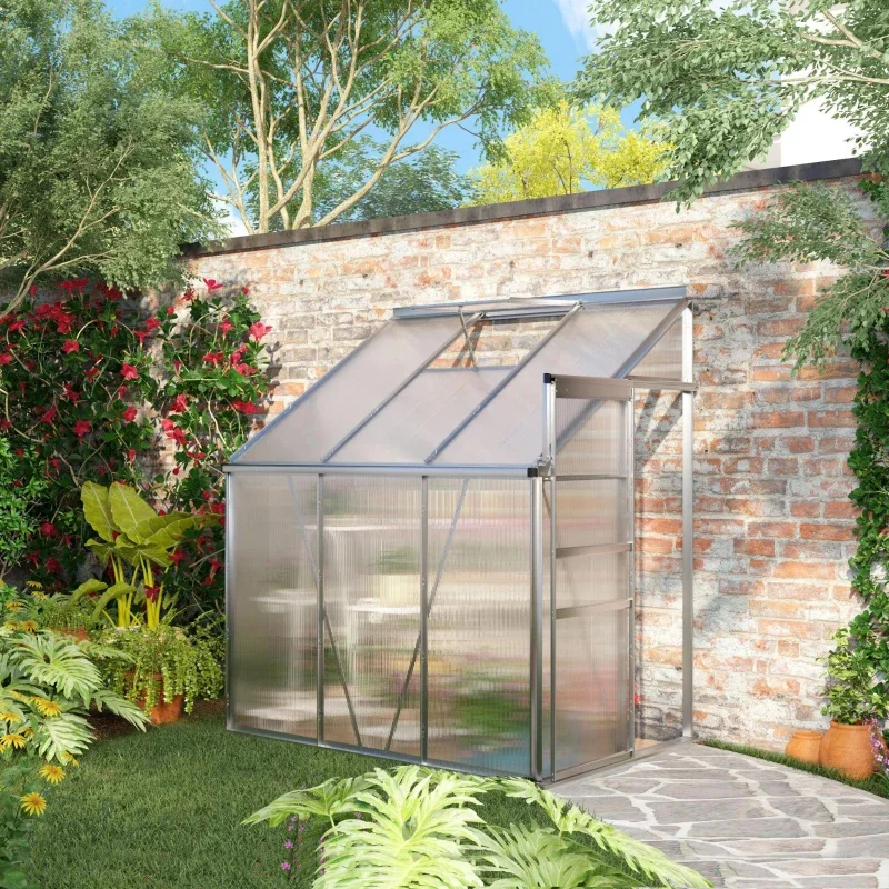 Aluminum lean‑to greenhouse with clear polycarbonate panels, adjustable roof vent and sliding door, 6 ft × 4 ft