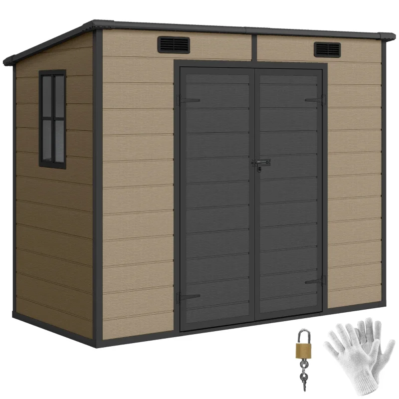 Light Brown 8x4 ft Plastic Garden Shed with Lockable Double Doors and Vents