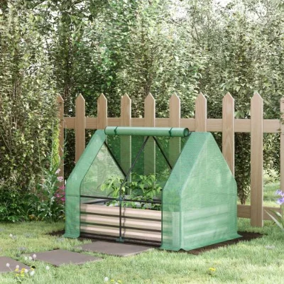 Outsunny Galvanized Raised Garden Bed with Mini Greenhouse Cover, Outdoor Metal Planter Box with 2 Roll-up Windows for Growing Flowers, Fruits, Vegetables, and Herbs, 50 X 37.5 X 36.25, Green