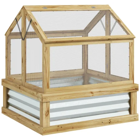 Outsunny Raised Garden Bed with Polycarbonate Greenhouse, Garden Wooden Cold Frame Greenhouse Flower Planter Protection, Peak Roof, 35.5x 31.5 X 36, Natural
