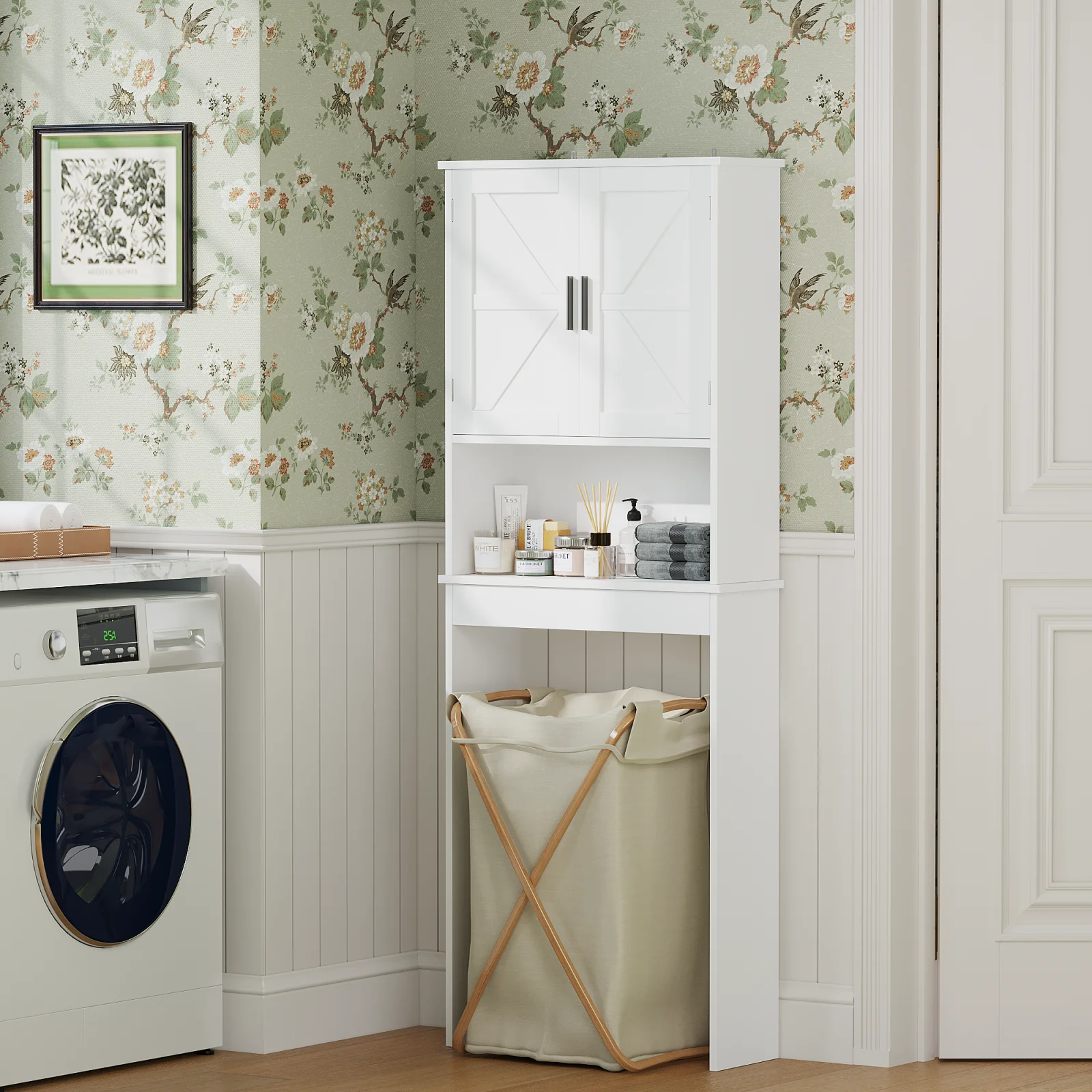 Over the Toilet Storage Cabinet with Adjustable Shelf, Bathroom Space Saver Organizer with Double Doors and Open Shelf, Freestanding Toilet Rack for Small Bathroom White