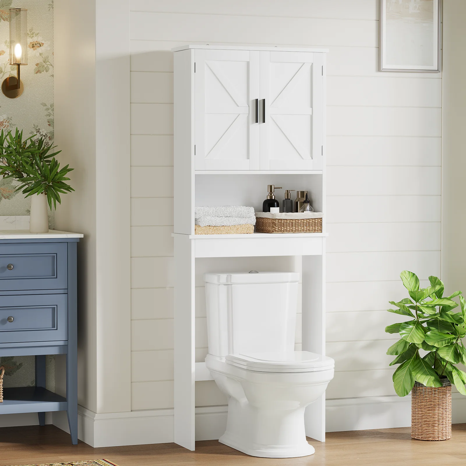 Over the Toilet Storage Cabinet with Adjustable Shelf, Bathroom Space Saver Organizer with Double Doors and Open Shelf, Freestanding Toilet Rack for Small Bathroom White