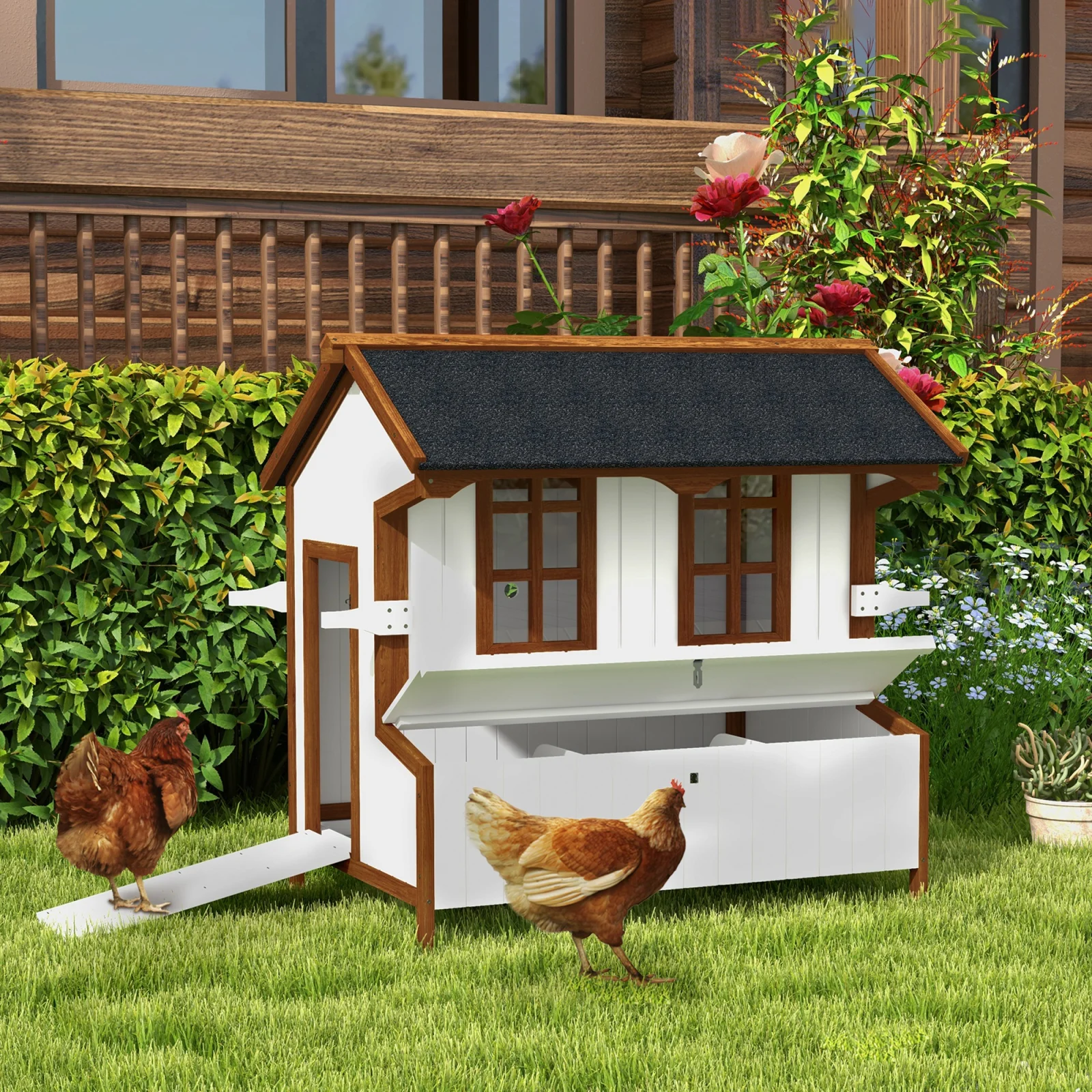 Pawhut 47 Chicken Coop Wooden Chicken House Rabbit Hutch Raised Poultry Cage Portable Hen Pen Backyard with Nesting Box and Handles