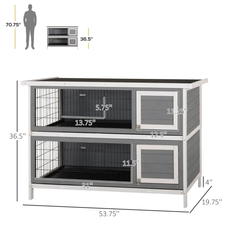 Pawhut 54 2-story Large Rabbit Hutch Bunny Cage Wooden Pet House Small Animal Habitat with Lockable Doors, No Leak Tray and Waterproof Roof for Rabbits, Chickens, Ducks, Outdoor Indoor Dark Gray