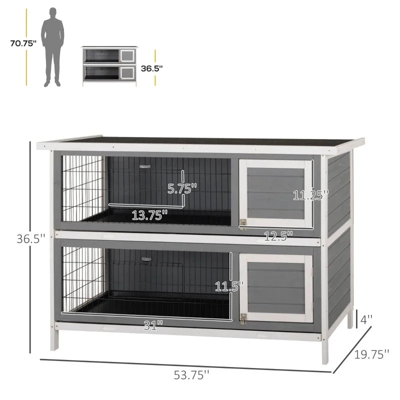 Pawhut 54 2-story Large Rabbit Hutch Bunny Cage Wooden Pet House Small Animal Habitat with Lockable Doors, No Leak Tray and Waterproof Roof for Rabbits, Chickens, Ducks, Outdoor Indoor Dark Gray