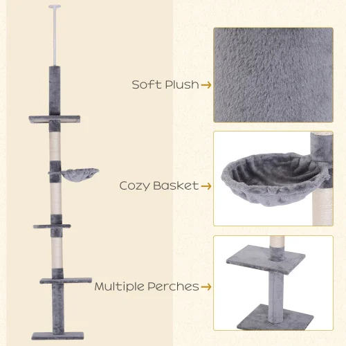 Pawhut 9' Adjustable Height Floor-to-ceiling Vertical Cat Tree - Grey and White