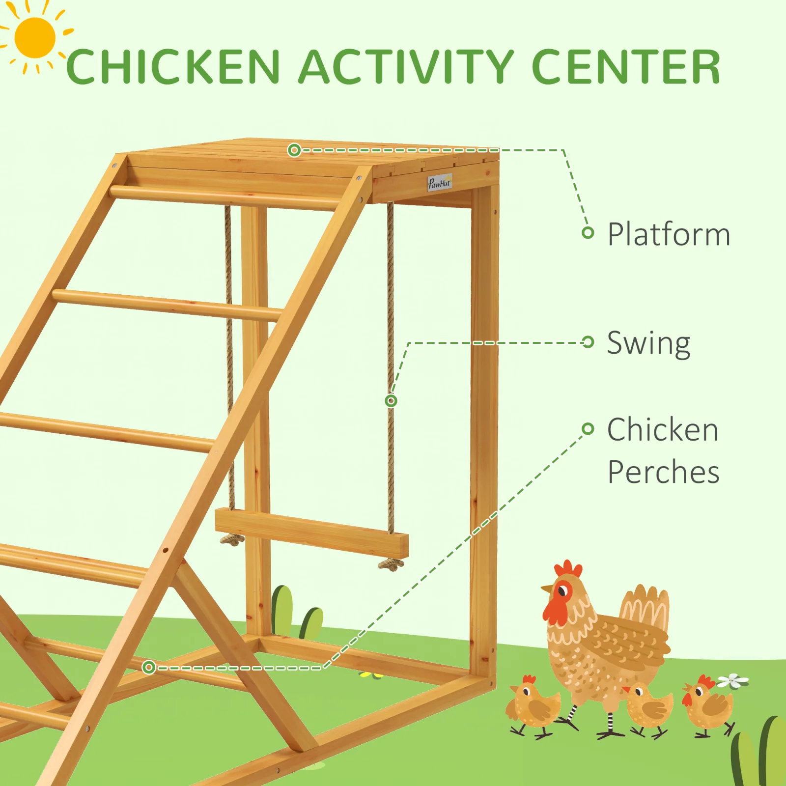 Pawhut Chicken Activity Play for Healthy & Happy Animals, Swing Set with Chicken Perches & Hen Ladder, Chicken Coop Toy, Yellow